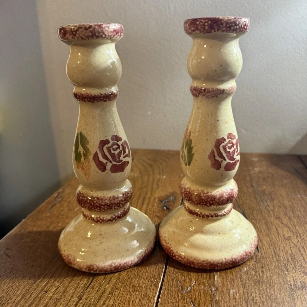 Spongeware Candlesticks Cream with Burgundy Roses